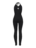 Sexy Solid Color Ribbed Hollow-Out Halter Neck Slim Fit Jumpsuit FN-6056