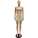 2026 Sexy Knitted Hand-Crossed Tassel Lace-Up Hollow-Out Strapless Mini Dress Set CM-9560