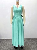 Fashionable Sleeveless V-Neck Button-Up High-Waisted Full Skirt Dress QZ-7310
