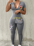 Fashionable Printed Zipper Short-Sleeve Jumpsuit RS-H0007