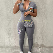 Fashionable Printed Zipper Short-Sleeve Jumpsuit RS-H0007