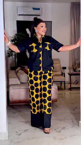Casual Polka Dot Short-Sleeve Collared Cardigan Shirt and Trousers Set QZ-7257