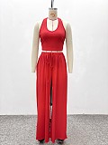 Casual Fitted Waist Halter Neck Strapless Top With Tie-Waist Wide-Leg Pants Set QZ-8179