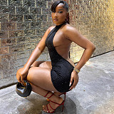Sexy Hot Girl Backless Halter Neck Solid Color Tight Bodycon Jumpsuit Shorts SXE-00878