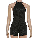 Sexy Hot Girl Backless Halter Neck Solid Color Tight Bodycon Jumpsuit Shorts SXE-00878