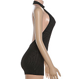 Sexy Hot Girl Backless Halter Neck Solid Color Tight Bodycon Jumpsuit Shorts SXE-00878