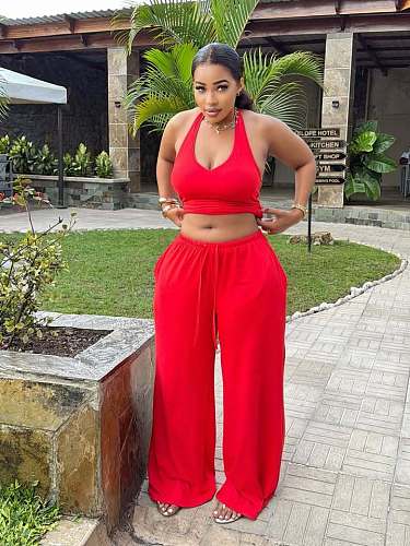 Casual Fitted Waist Halter Neck Strapless Top With Tie-Waist Wide-Leg Pants Set QZ-8179
