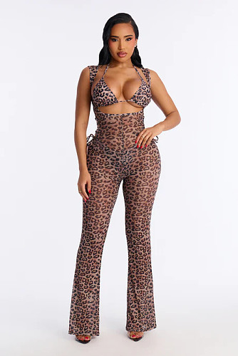 Sexy Leopard Print Swimsuit Bikini Backless Suspender Pants Three-Piece Set XS-26L2104