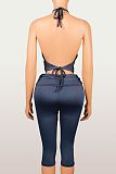 Sexy Solid Color Slim Fit Elastic Backless Halter Neck Tank Top and Capri Pants Set XS-26L2057