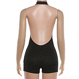 Sexy Hot Girl Backless Halter Neck Solid Color Tight Bodycon Jumpsuit Shorts SXE-00878