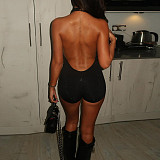 Sexy Hot Girl Backless Halter Neck Solid Color Tight Bodycon Jumpsuit Shorts SXE-00878
