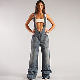 Casual Multi-Pocket Overalls Loose Waist Straight Leg Denim Jumpsuit RS-40503
