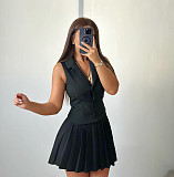 Fashion Summer Sleeveless Suit Vest and Pleated Mini Skirt Two-Piece Set QZ-SH735