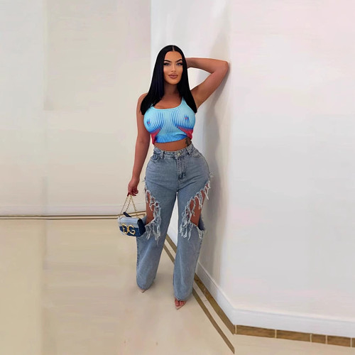 Sexy Ripped Wash Denim Jeans Wholesale SHANM-6199