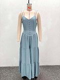 Sexy Solid Color Deep V-Neck High Waist Wide Leg Long Jumpsuit QZ-7202