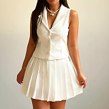 Fashion Summer Sleeveless Suit Vest and Pleated Mini Skirt Two-Piece Set QZ-SH735