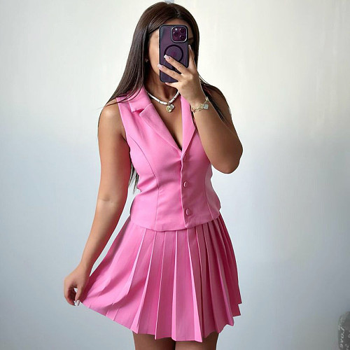 Fashion Summer Sleeveless Suit Vest and Pleated Mini Skirt Two-Piece Set QZ-SH735