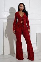 Sexy Lace-up Hollow-out Cardigan Long-sleeved Lace Top and Lace Pants Two-Piece Set RS-T057
