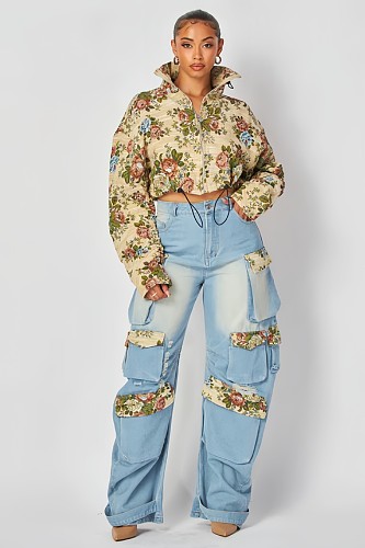Fashion Floral Patchwork Workwear Multi-Pocket Jeans RS-T022