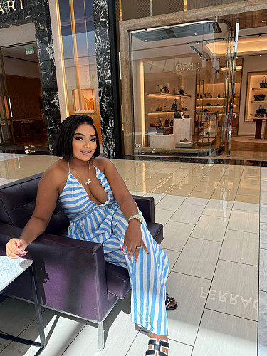 Sexy Striped Halter Neck V-Neck Wide-Leg Jumpsuit QZ-7336
