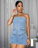 Fashion Metal Button Bandeau Top and High-Waisted Shorts Denim Set RS-50712