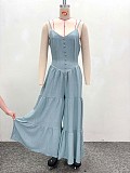 Sexy Solid Color Deep V-Neck High Waist Wide Leg Long Jumpsuit QZ-7202