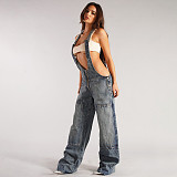 Casual Multi-Pocket Overalls Loose Waist Straight Leg Denim Jumpsuit RS-40503