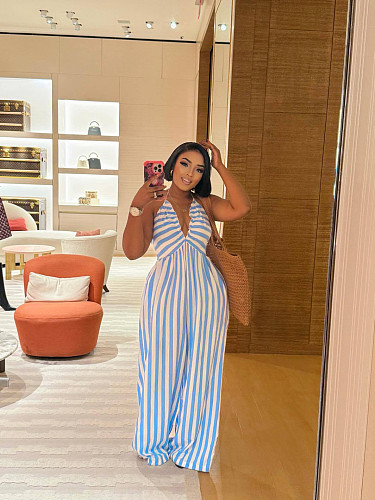 Sexy Striped Halter Neck V-Neck Wide-Leg Jumpsuit QZ-7336