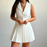 Fashion Summer Sleeveless Suit Vest and Pleated Mini Skirt Two-Piece Set QZ-SH735