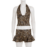 Fashion Leopard Print Party Wild Halter-Neck Mini Skirt Set MRA-46268