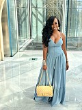 Sexy Solid Color Deep V-Neck High Waist Wide Leg Long Jumpsuit QZ-7202