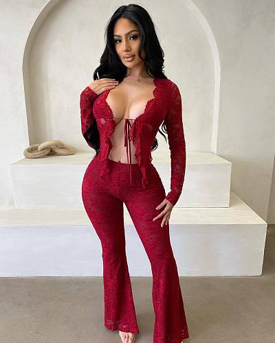 Sexy Lace-up Hollow-out Cardigan Long-sleeved Lace Top and Lace Pants Two-Piece Set RS-T057