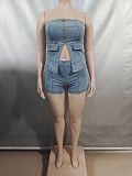 Fashion Metal Button Bandeau Top and High-Waisted Shorts Denim Set RS-50712