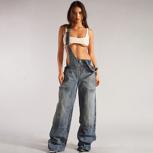 Casual Multi-Pocket Overalls Loose Waist Straight Leg Denim Jumpsuit RS-40503