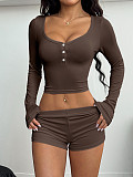 Sexy Button-Front Long-Sleeve T-Shirt & Shorts Two-Piece Set LDG-19023