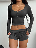 Sexy Button-Front Long-Sleeve T-Shirt & Shorts Two-Piece Set LDG-19023