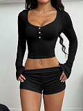 Sexy Button-Front Long-Sleeve T-Shirt & Shorts Two-Piece Set LDG-19023