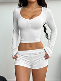 Sexy Button-Front Long-Sleeve T-Shirt & Shorts Two-Piece Set LDG-19023