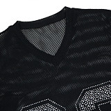 Sexy Mesh Sheer Round Neck Slit Rhinestone Top CYA-901887