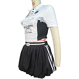 Casual Lace-Trimmed, Letter-Print Button-Up Top & High-Waisted Flared Mini Skirt Set RS-5518