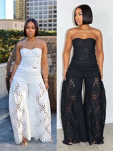 Stylish Solid-Color Two-Piece Set Lace Bandeau Top & Trousers OLY-6169
