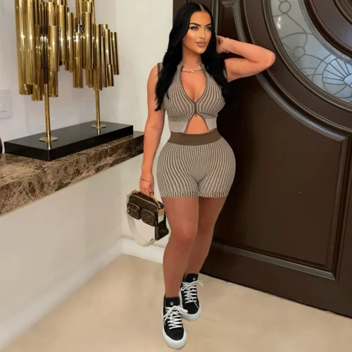 Sexy Knit Two-Piece Set Low-Cut Crop Top & High-Waisted Shorts RS-5514