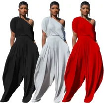 Casual Solid-Color Cotton One-Shoulder Harem Pants Set RS-4392