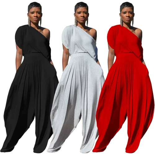 Casual Solid-Color Cotton One-Shoulder Harem Pants Set RS-4392