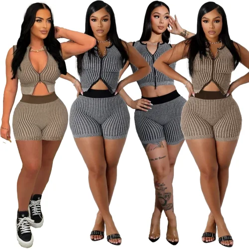 Sexy Knit Two-Piece Set Low-Cut Crop Top & High-Waisted Shorts RS-5514