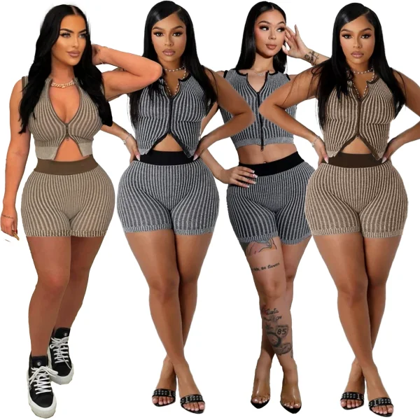 Sexy Knit Two-Piece Set Low-Cut Crop Top & High-Waisted Shorts RS-5514