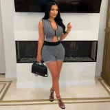 Sexy Knit Two-Piece Set Low-Cut Crop Top & High-Waisted Shorts RS-5514
