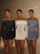 Sexy Off-Shoulder Semi-Sheer Shimmering Bodycon Dress RS-5513