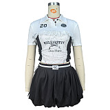 Casual Lace-Trimmed, Letter-Print Button-Up Top & High-Waisted Flared Mini Skirt Set RS-5518