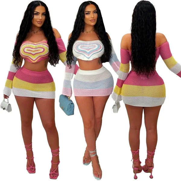 Stylish Cutout Knit Crop Top & High-Waisted Bodycon Mini Skirt Two-Piece Set RS-5509